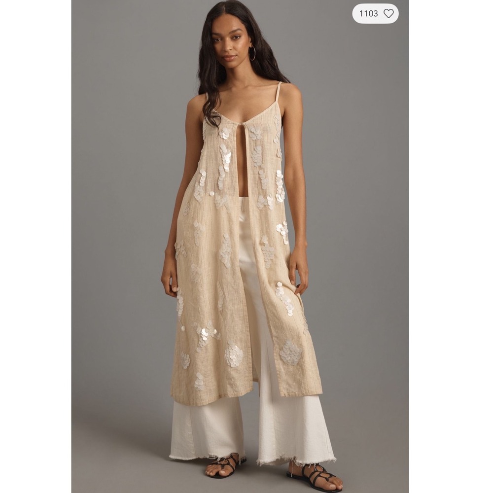 Ollari New York Beige Sequin Maxi Dress Adjustable Straps Boho Coastal